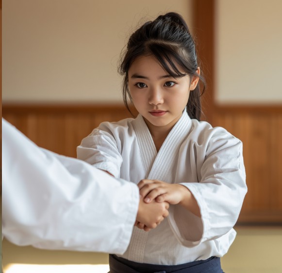 道場で護身の合気道技を決める女性