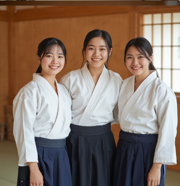 道場で笑顔の合気道仲間の女性たち